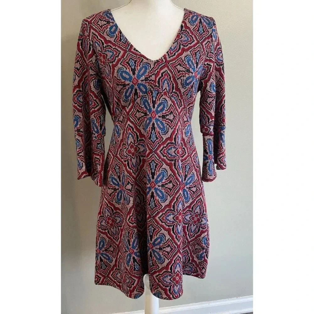 Maeve Anthropologie Dress Fit Flare Knit Blue Red Size Medium M